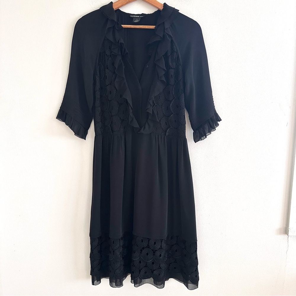 Vivienne Tam Black Silk Midi Dress Guipure Lace Ruffle Trim Size Small